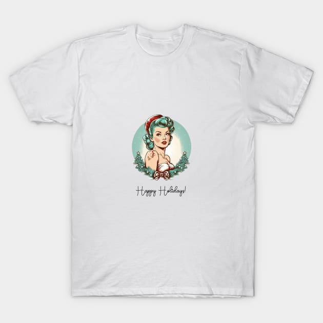 Retro Pin-up Girl with Santa Hat Illustration Art T-Shirt by AdrianaHolmesArt